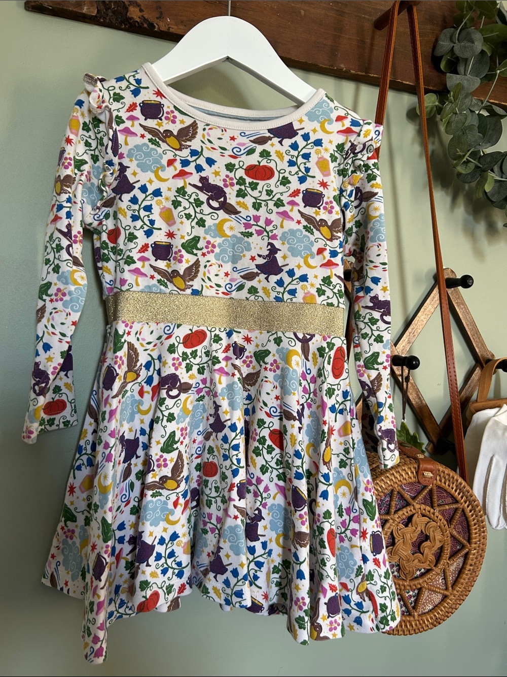 Mini Boden White Dress with Multicolor Magic Print and Gold Waistband